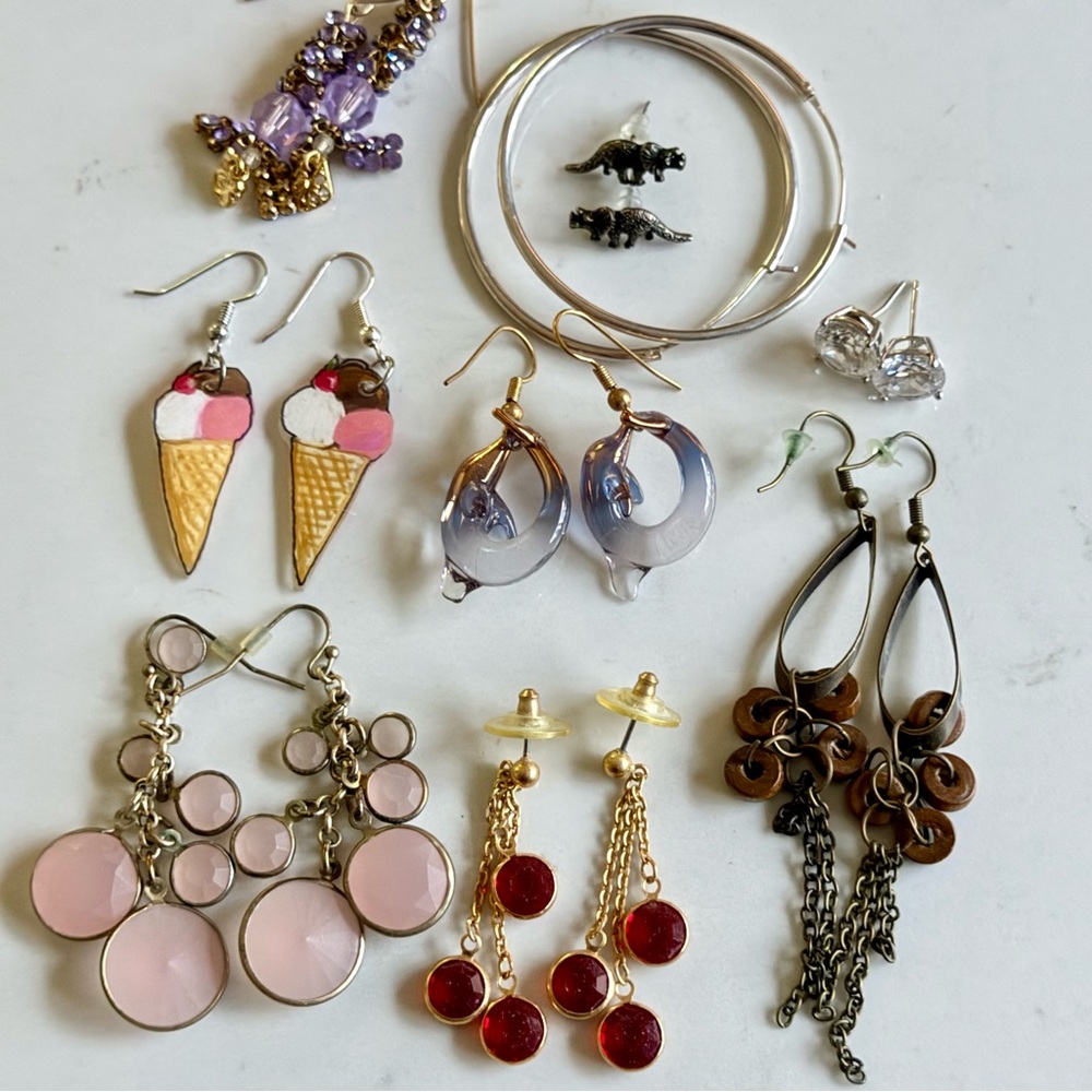 Earrings Lot! 9 pairs with Sterling Hoops, Dinosaurs, Swarovski Crystals Dolphin